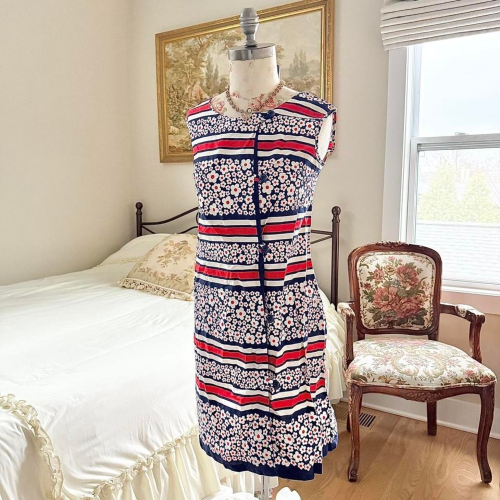 70s striped‎ floral sleeveless dress